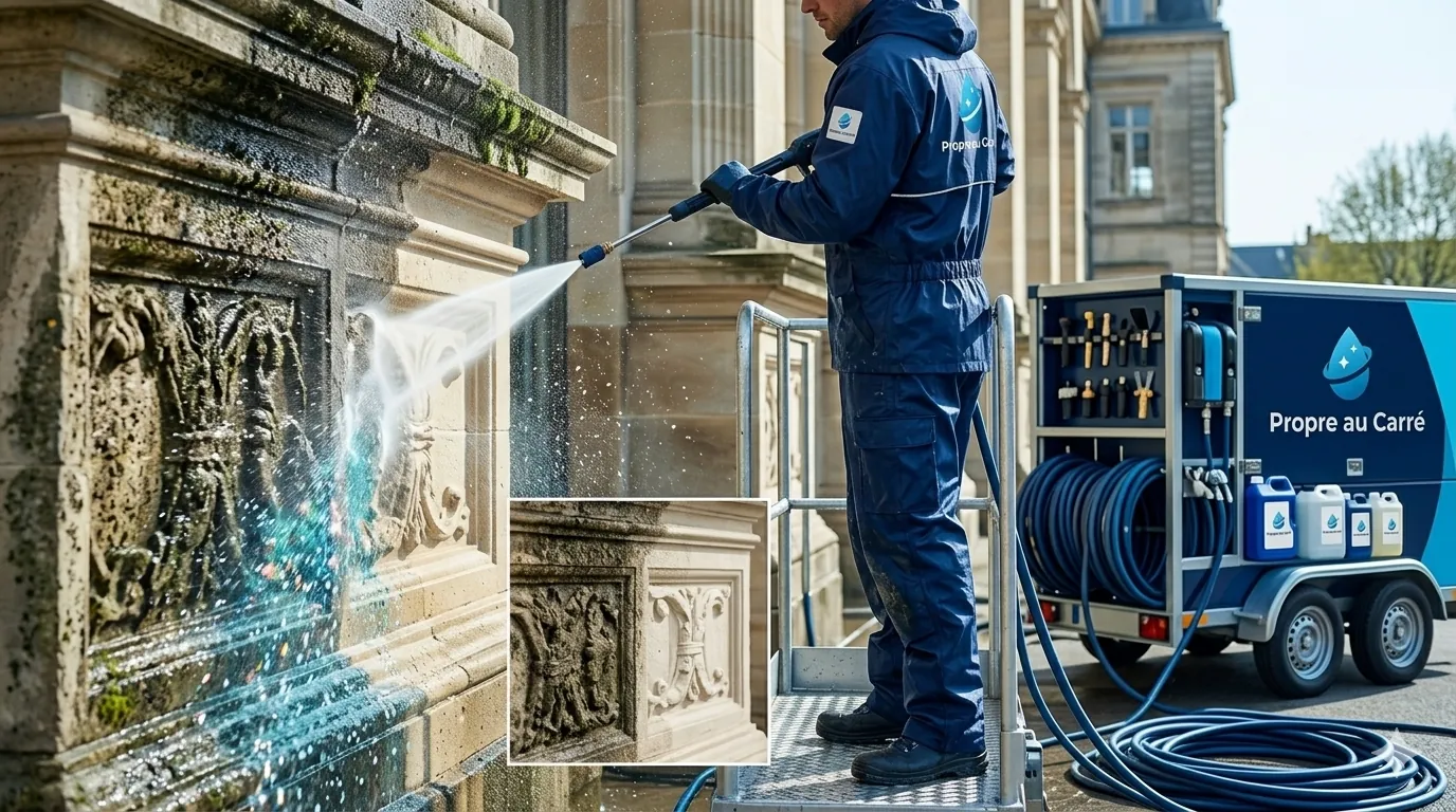 Nettoyage façade à Rennes, démoussage et traitement hydrofuge sur crépi et pierre, Propre au Carré