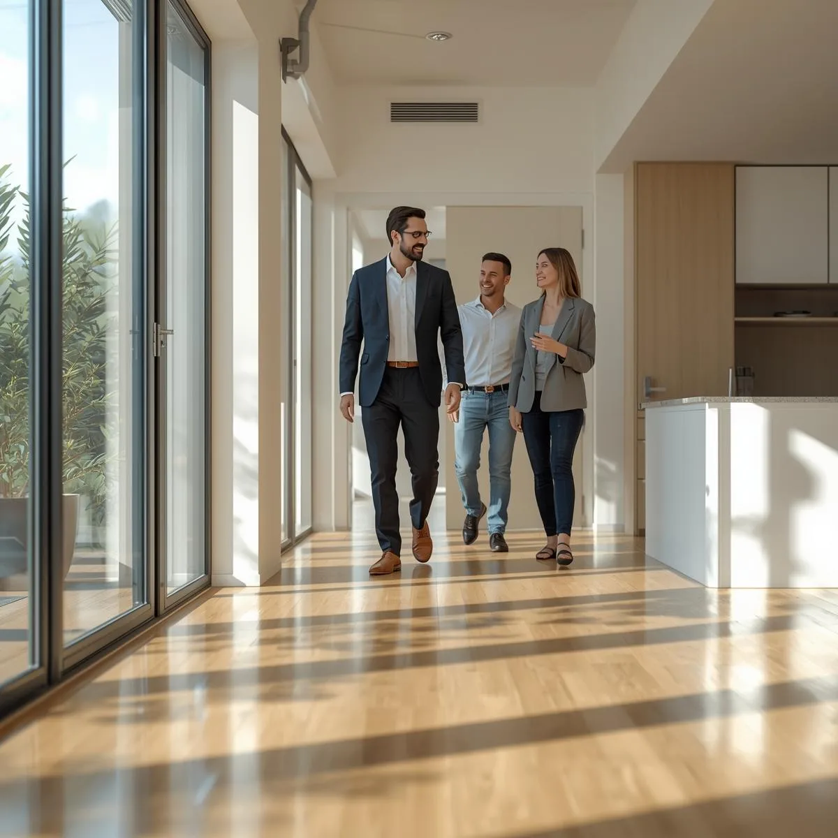 A freshly cleaned, modern apartment prepared for a real estate showing. An elegant real estate agent in a suit welcoming a man and a woman dressed in casual everyday clothes