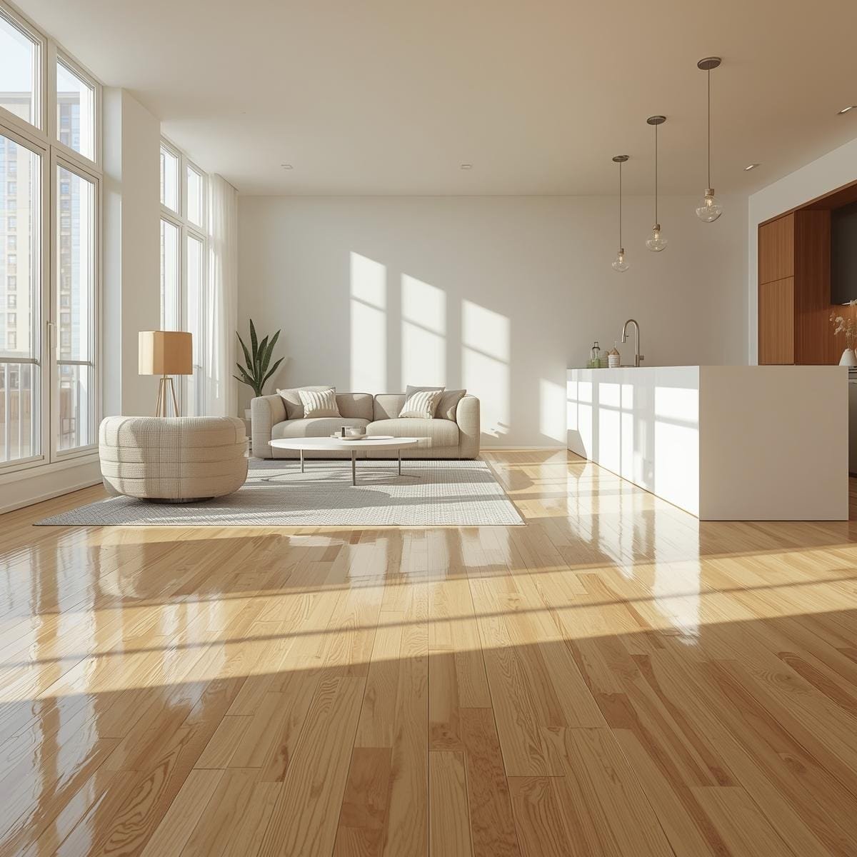 A modern, bright apartment interior in the city center, large windows letting in natural daylight, spotless wooden floor shining, light-colored sofa, open kitchen perfect